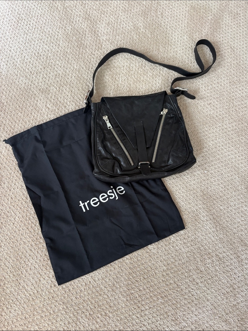 Treesje Black Leather Shoulder Crossbody Bag with Zip Accents